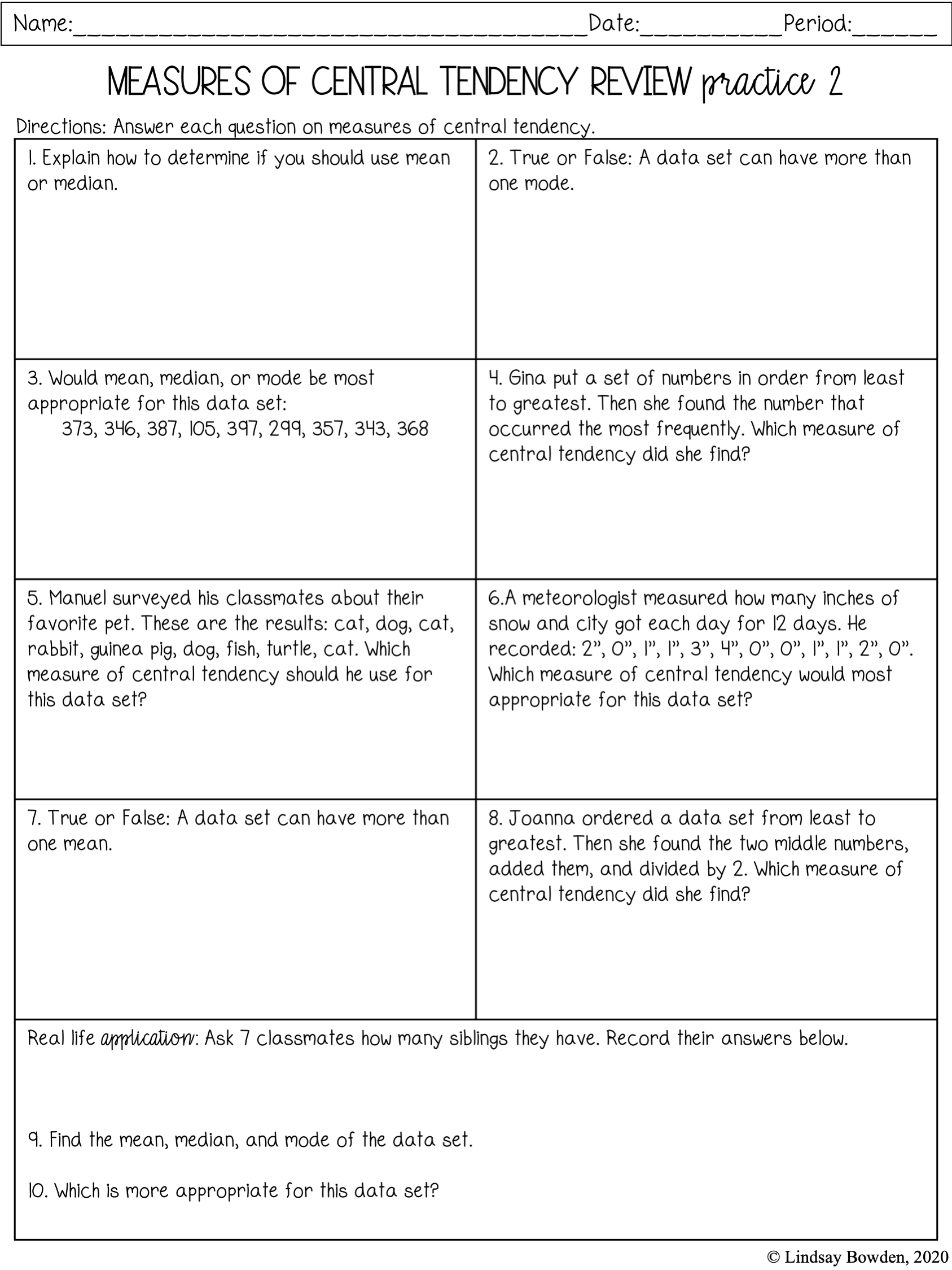 Mean, Median, Mode Notes and Worksheets - Lindsay Bowden Inside Measure Of Central Tendency Worksheet