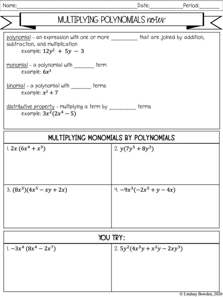 Multiplying Polynomials Notes And Worksheets Lindsay Bowden