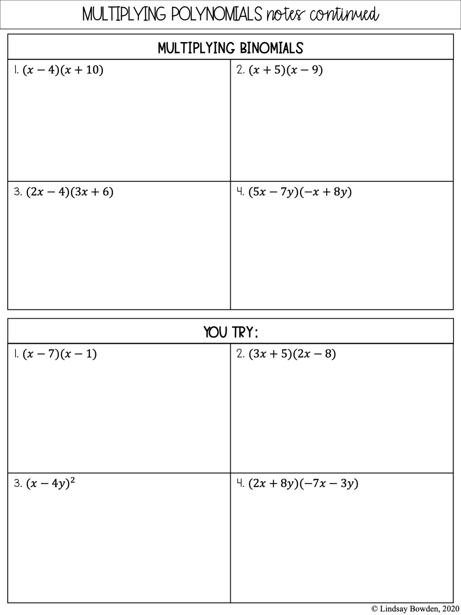 Multiplying Polynomials Notes and Worksheets Lindsay Bowden