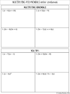 Multiplying Polynomials Notes and Worksheets - Lindsay Bowden