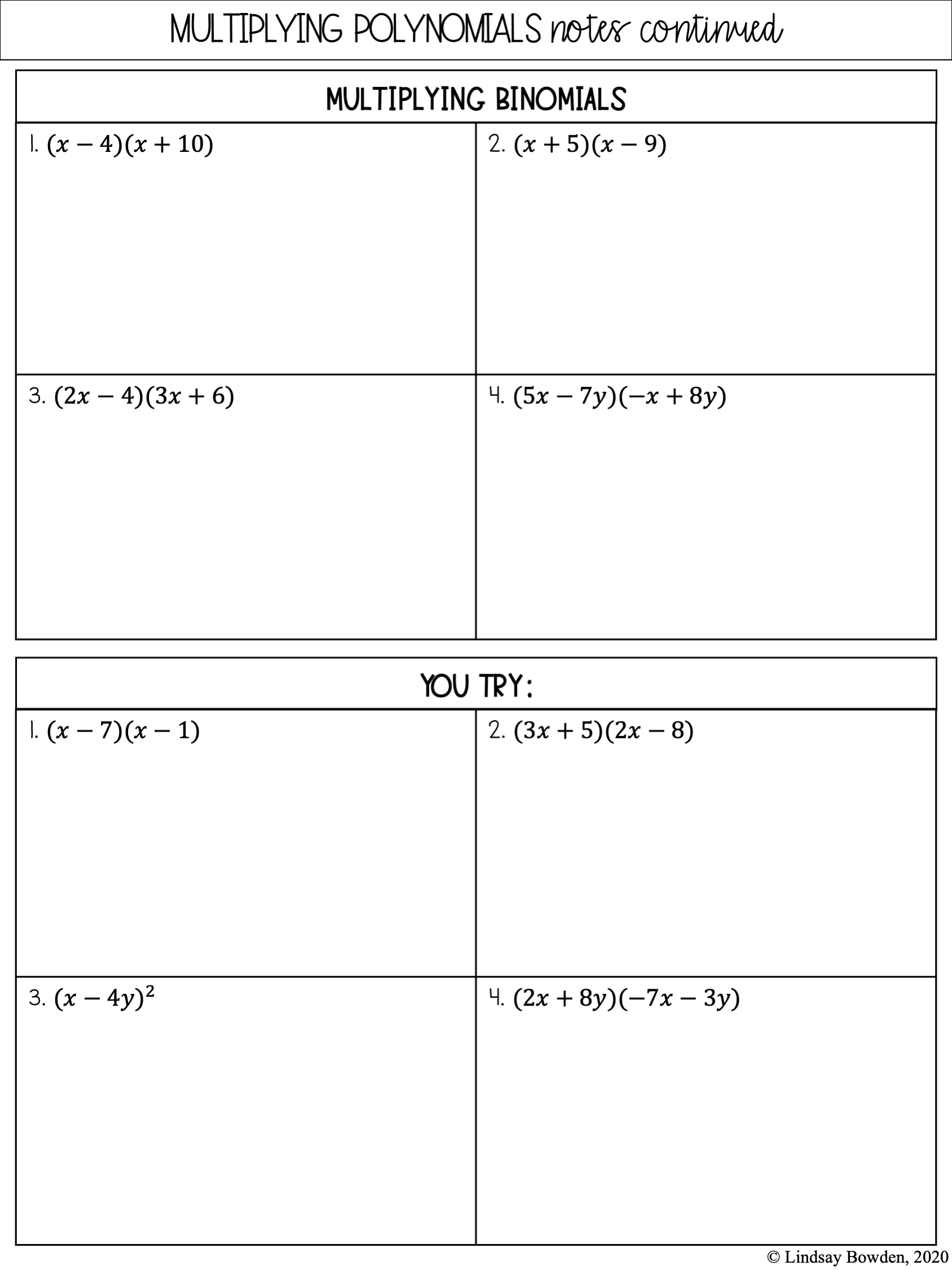 Multiplying Polynomials Worksheets