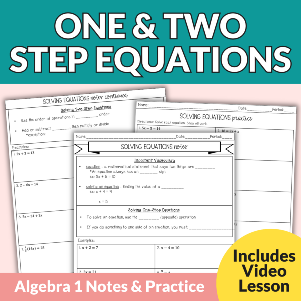 One and Two Step Equations Worksheets and Notes for High School Algebra 1