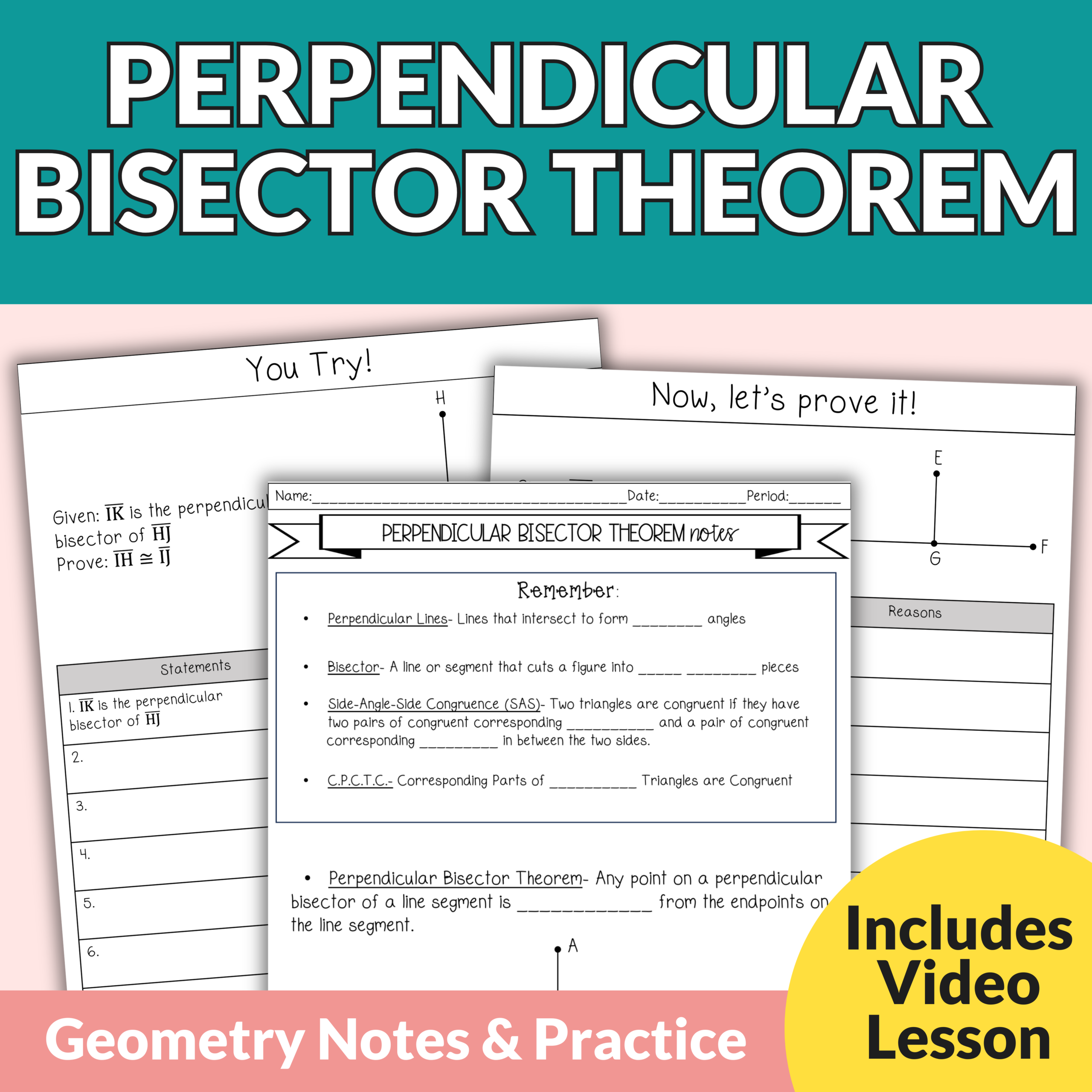 Perpendicular Bisector Theorem Notes and Worksheets for 9th – 11th Grade Geometry