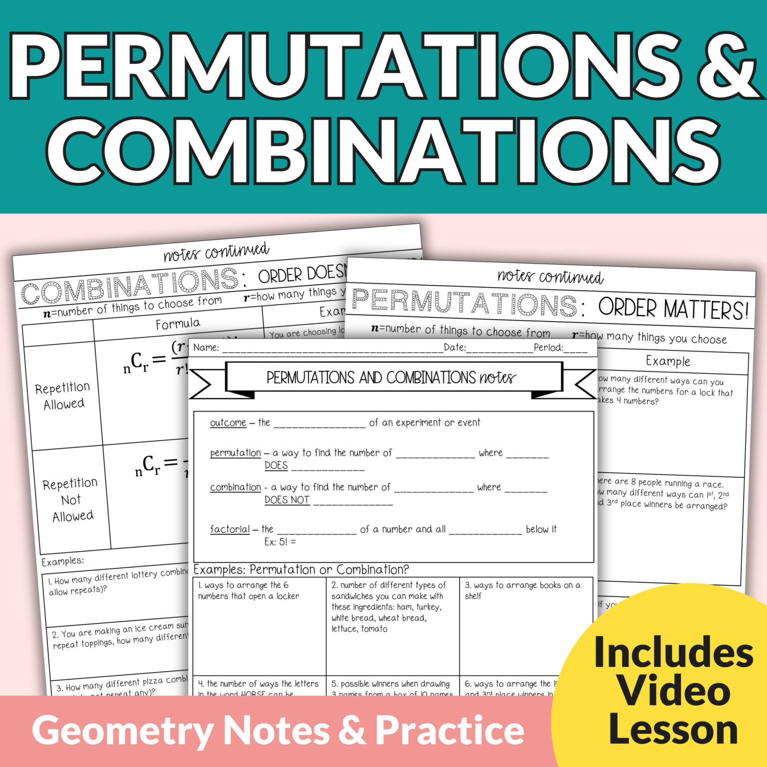 Permutations and Combinations Notes and Worksheets for 9th – 11th Grade ...