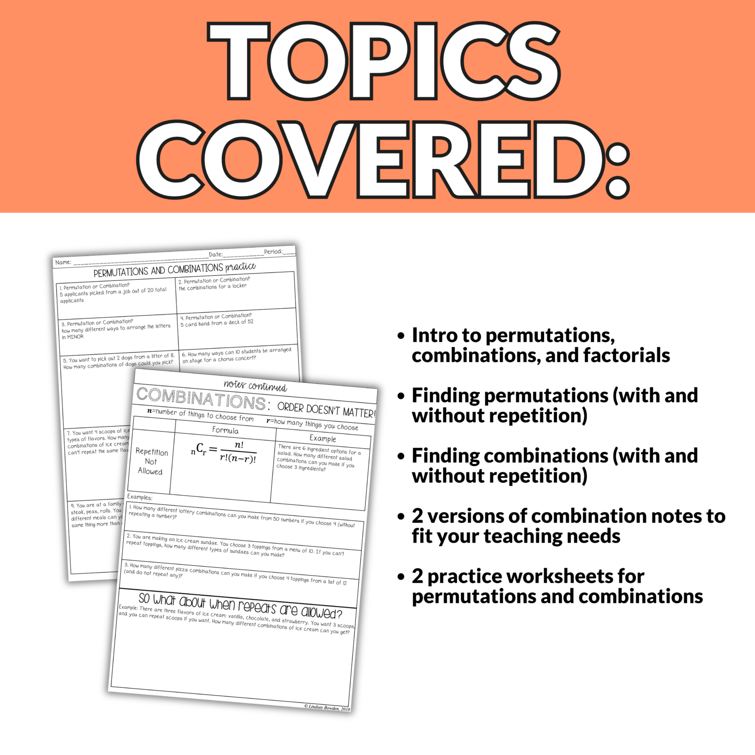 Permutations and Combinations Notes and Worksheets for 9th – 11th Grade ...