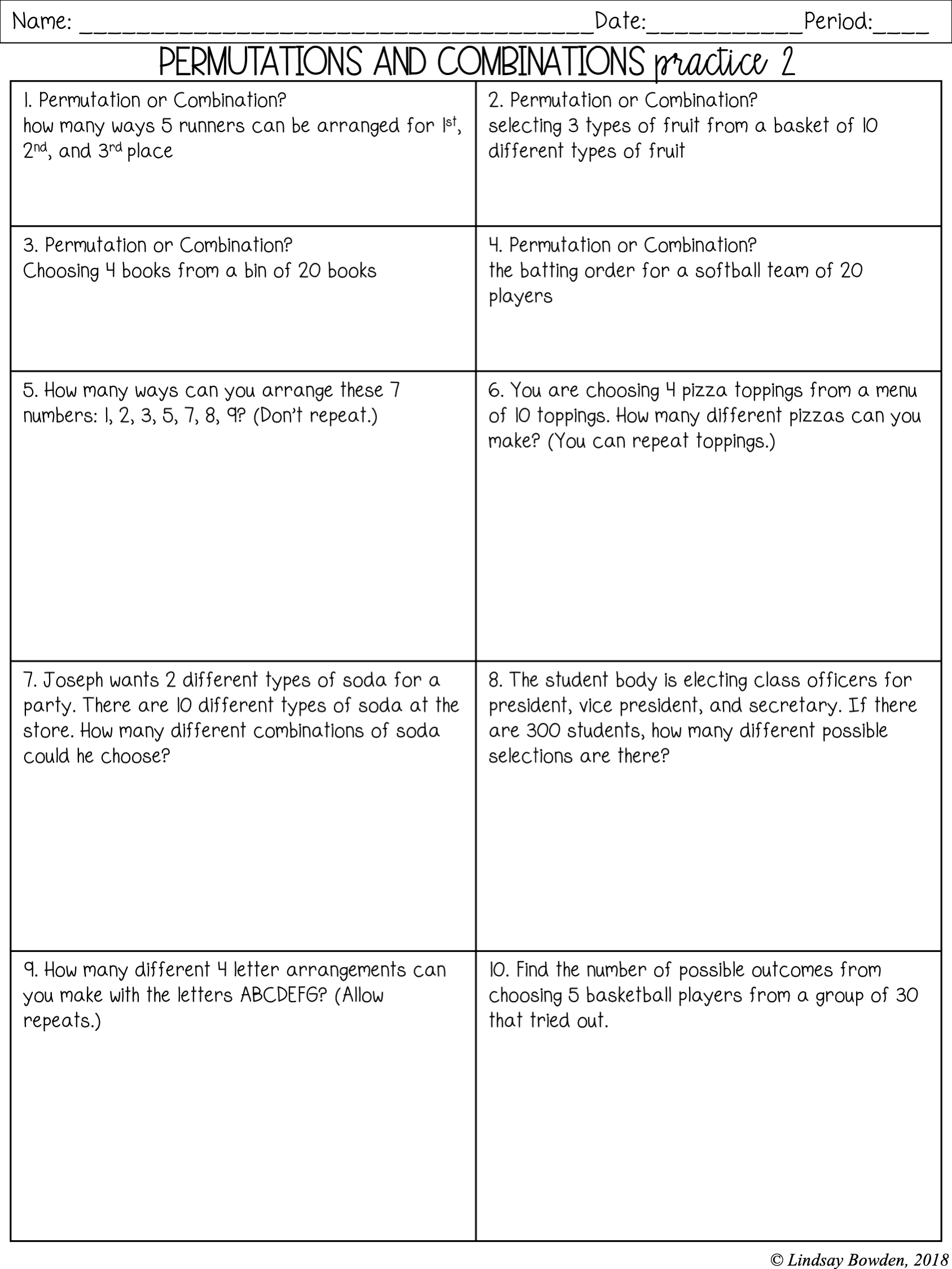 Permutations and Combinations Notes and Worksheets - Lindsay Bowden Pertaining To Combinations And Permutations Worksheet