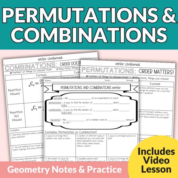 Permutations and Combinations Notes and Worksheets for 9th – 11th Grade Math