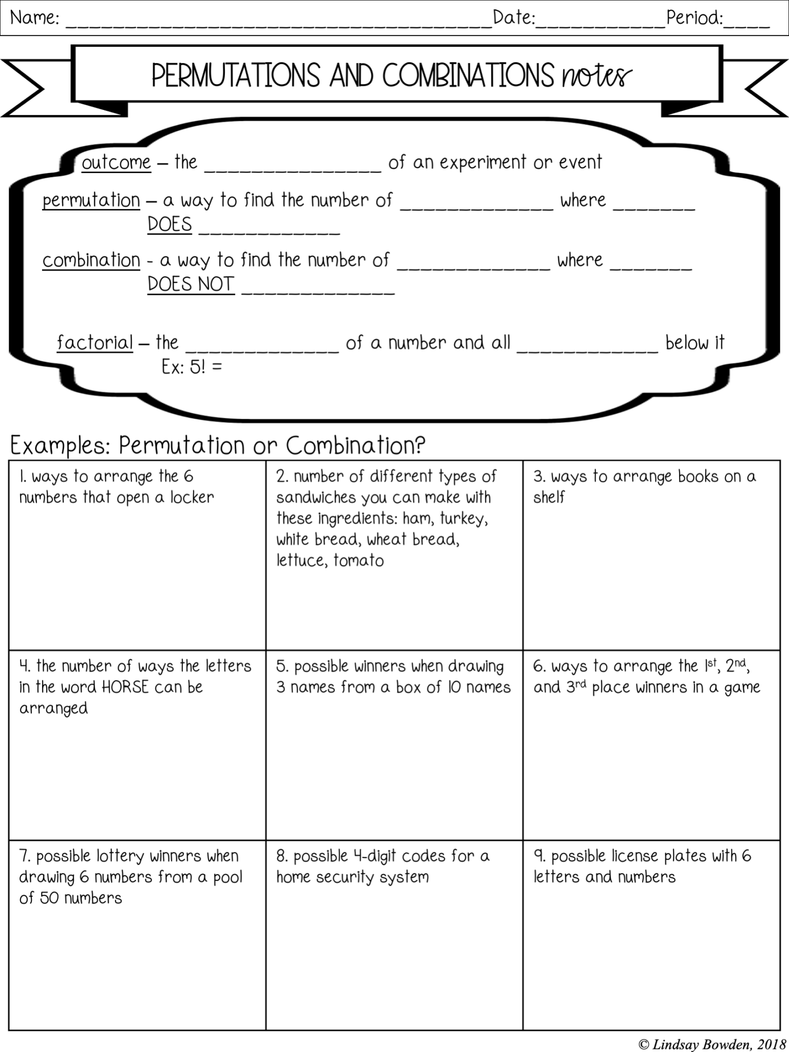 Permutations And Combinations Notes And Worksheets - Lindsay Bowden