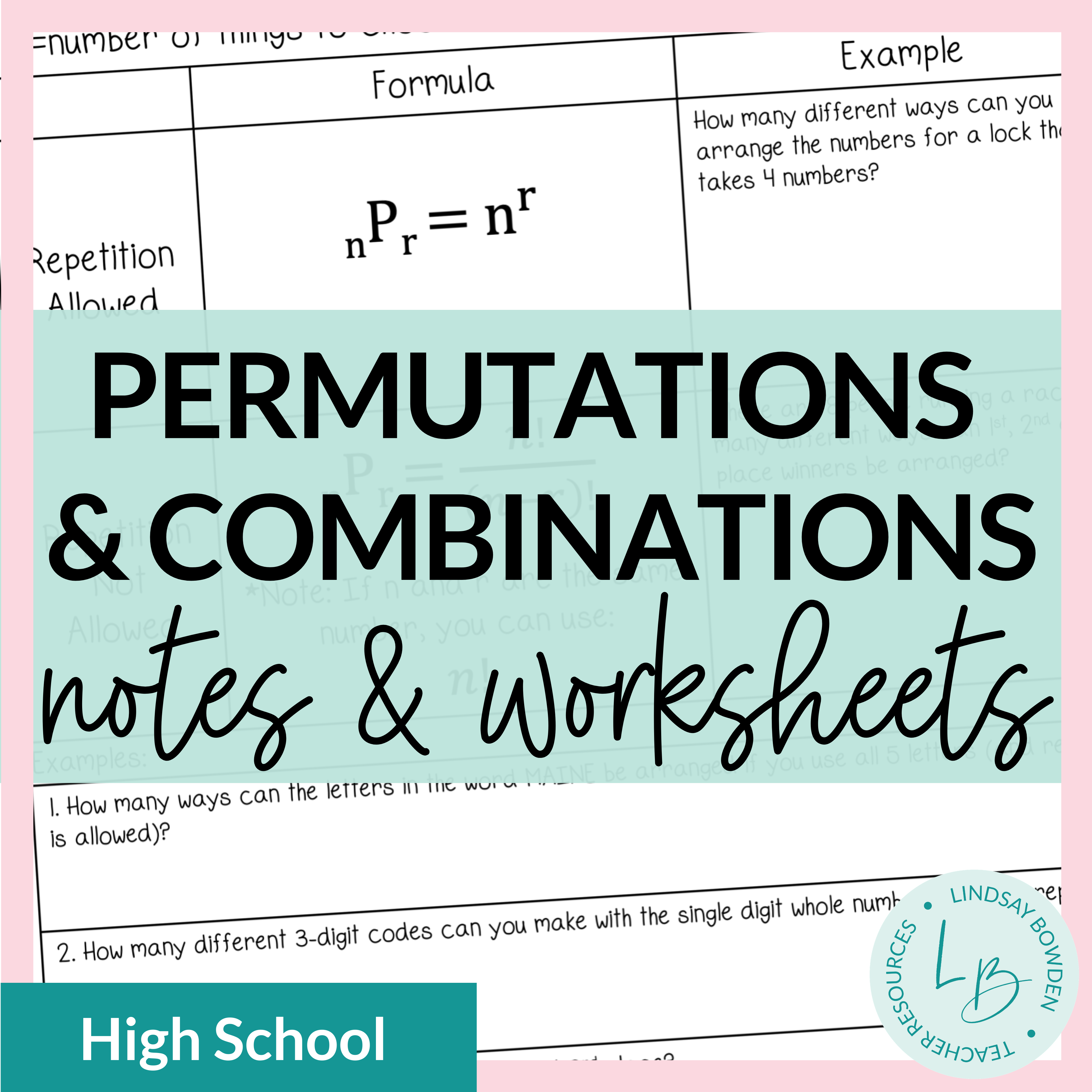 Permutations and Combinations Notes and Worksheets - Lindsay Bowden Pertaining To Permutations And Combinations Worksheet
