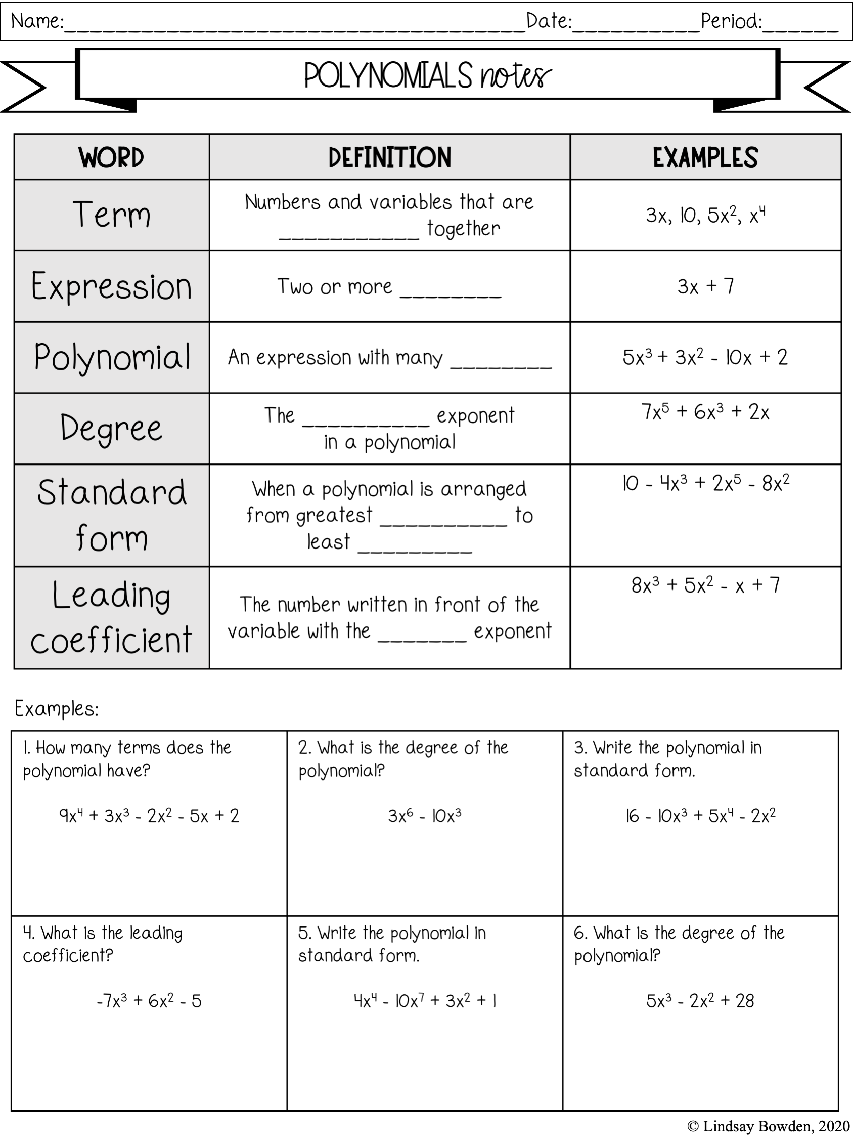 Intro to Polynomials Notes and Worksheets Lindsay Bowden