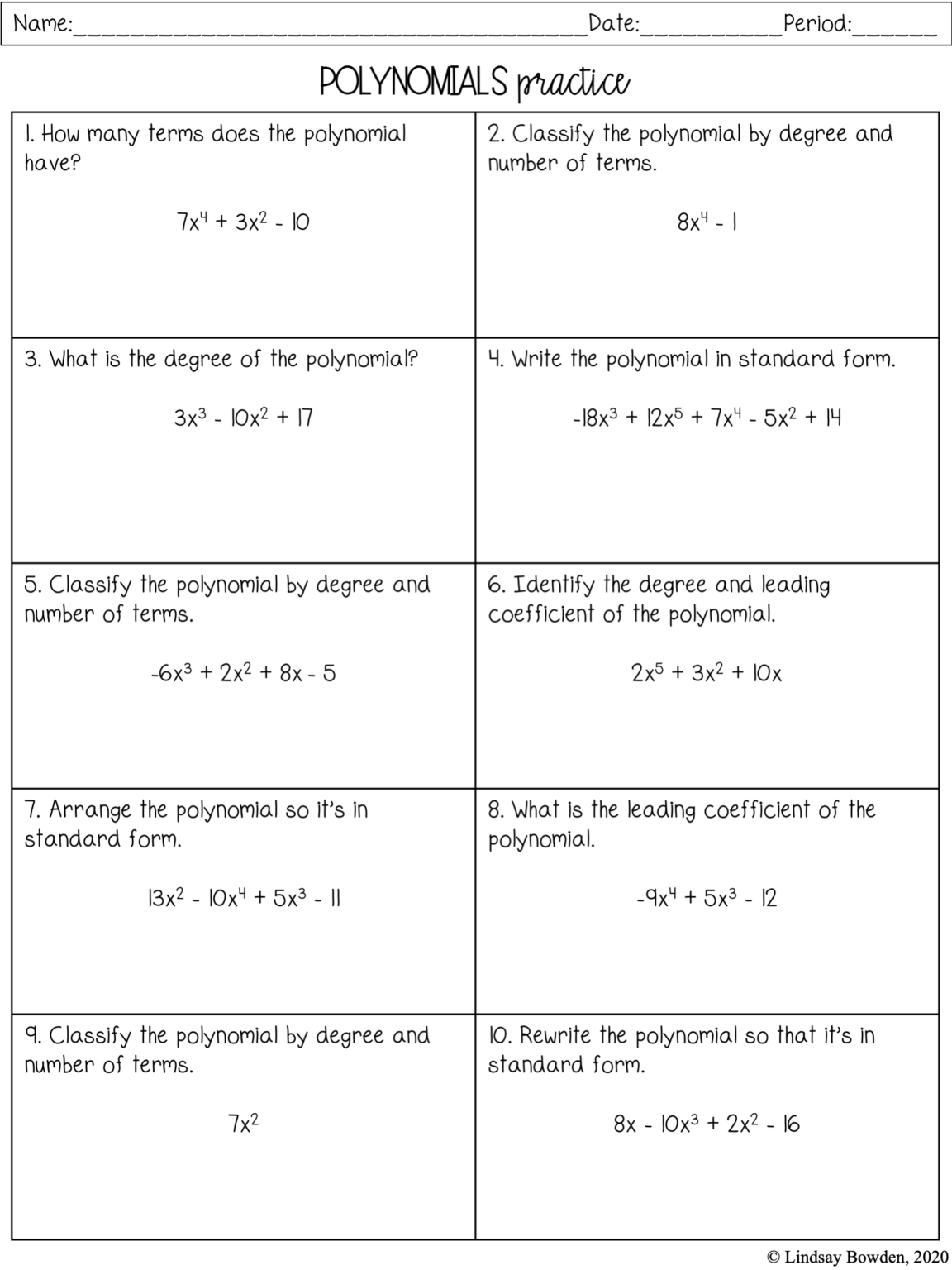 Intro To Polynomials Worksheet