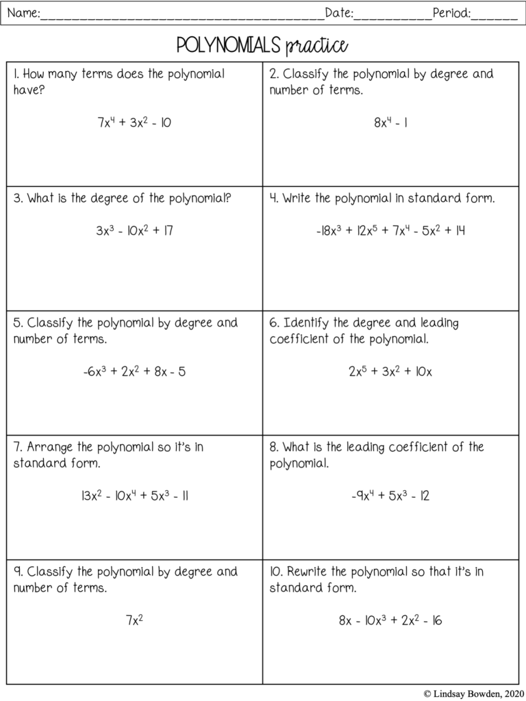 Addition Of Polynomials Worksheets With Answers