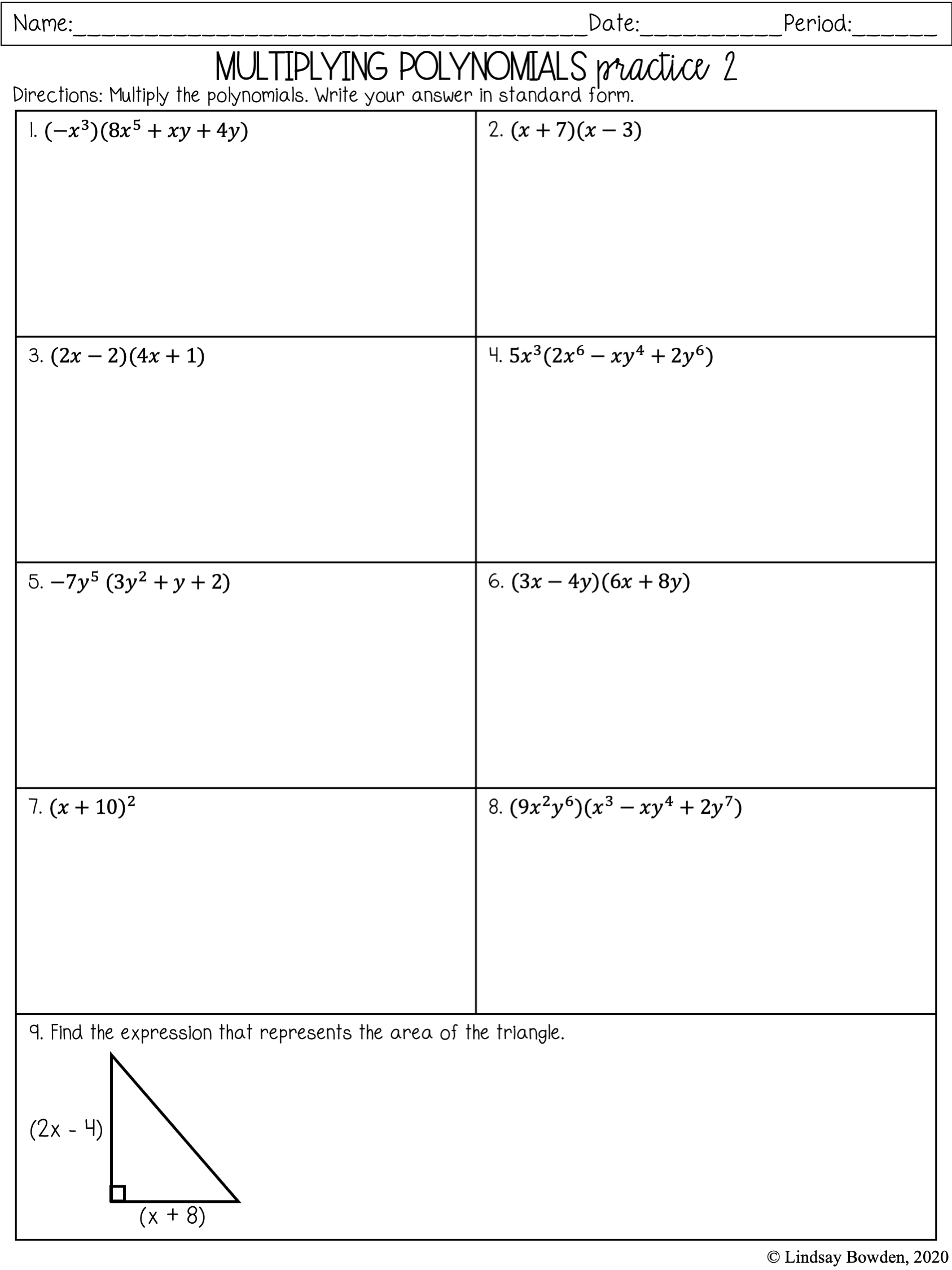 Free Printable Multiplying Polynomials Worksheet