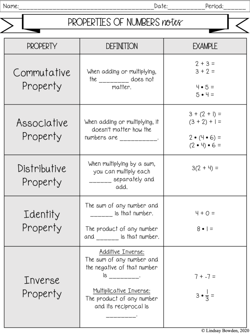Properties Of Numbers Equality Notes And Worksheets Lindsay Bowden