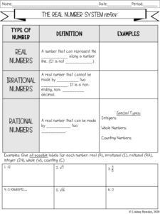 The Real Number System Notes and Worksheets - Lindsay Bowden