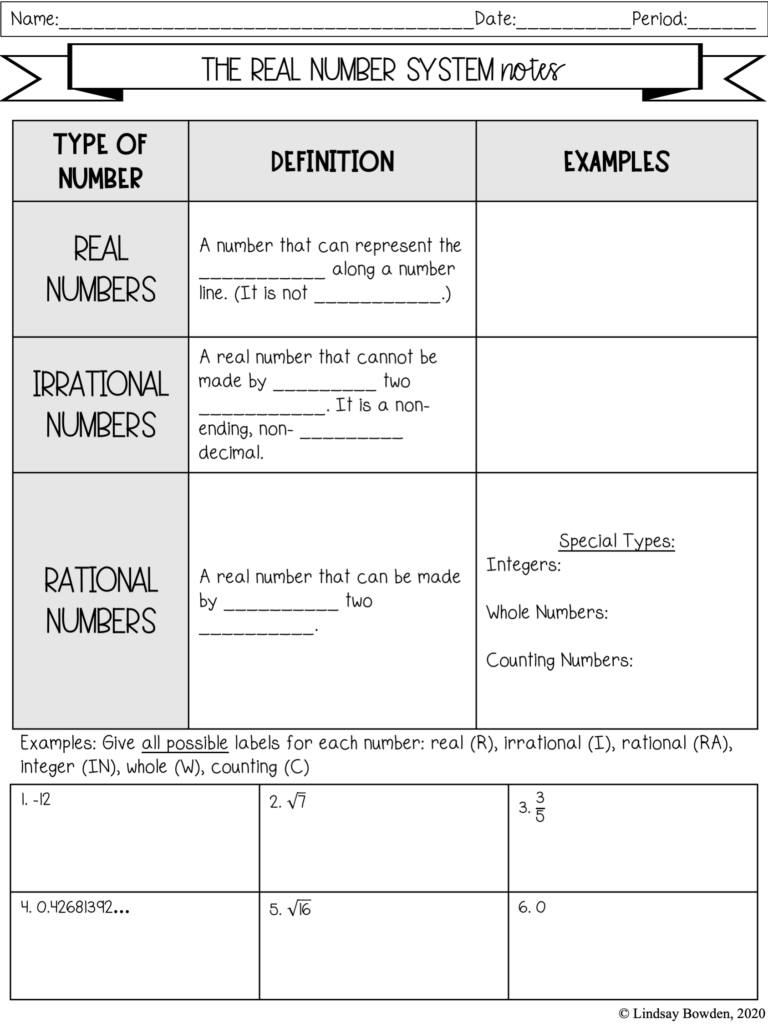 Organizing The Real Numbers Worksheet