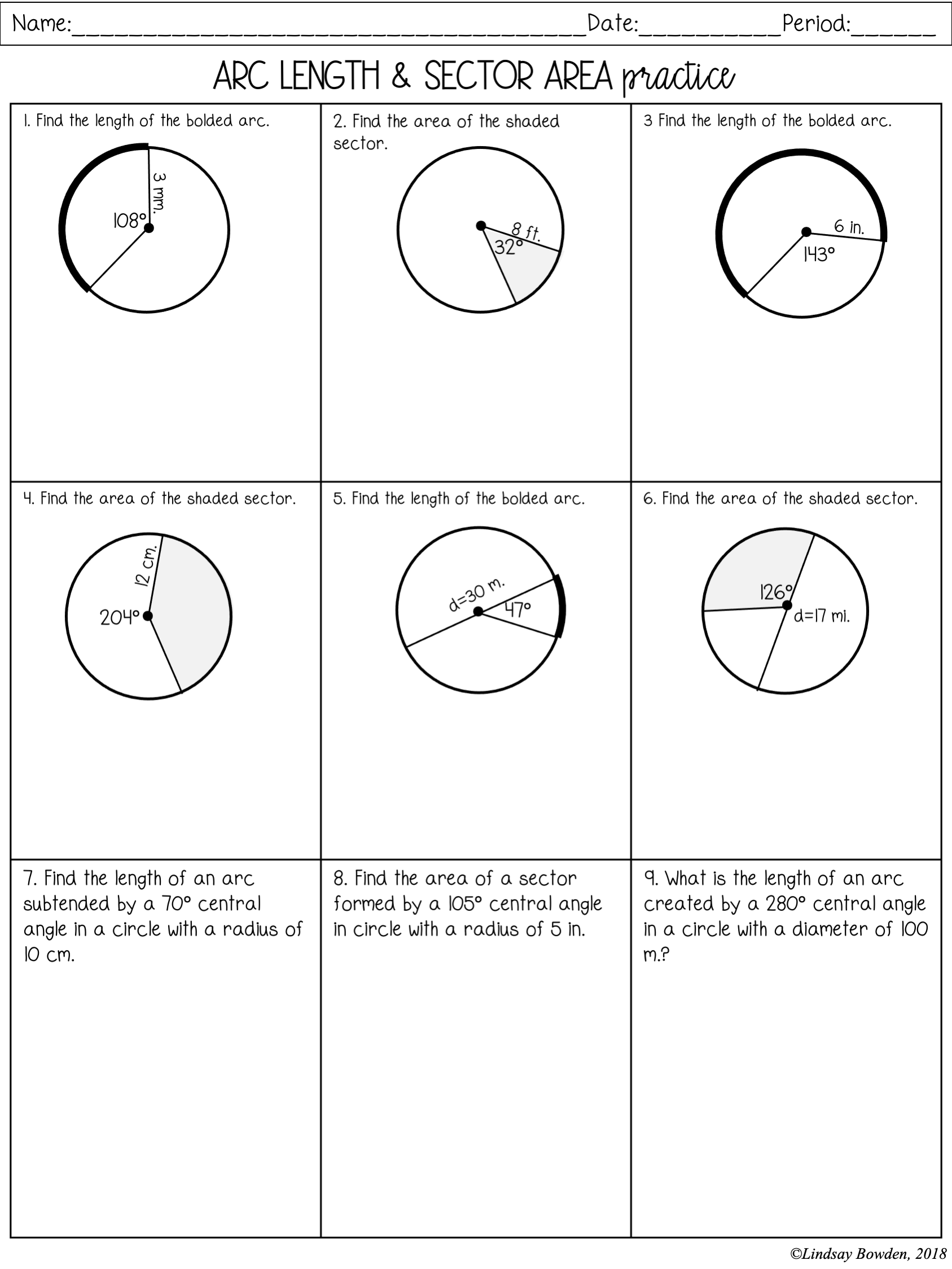 Arc Length And Sector Area Notes And Worksheets Lindsay Bowden