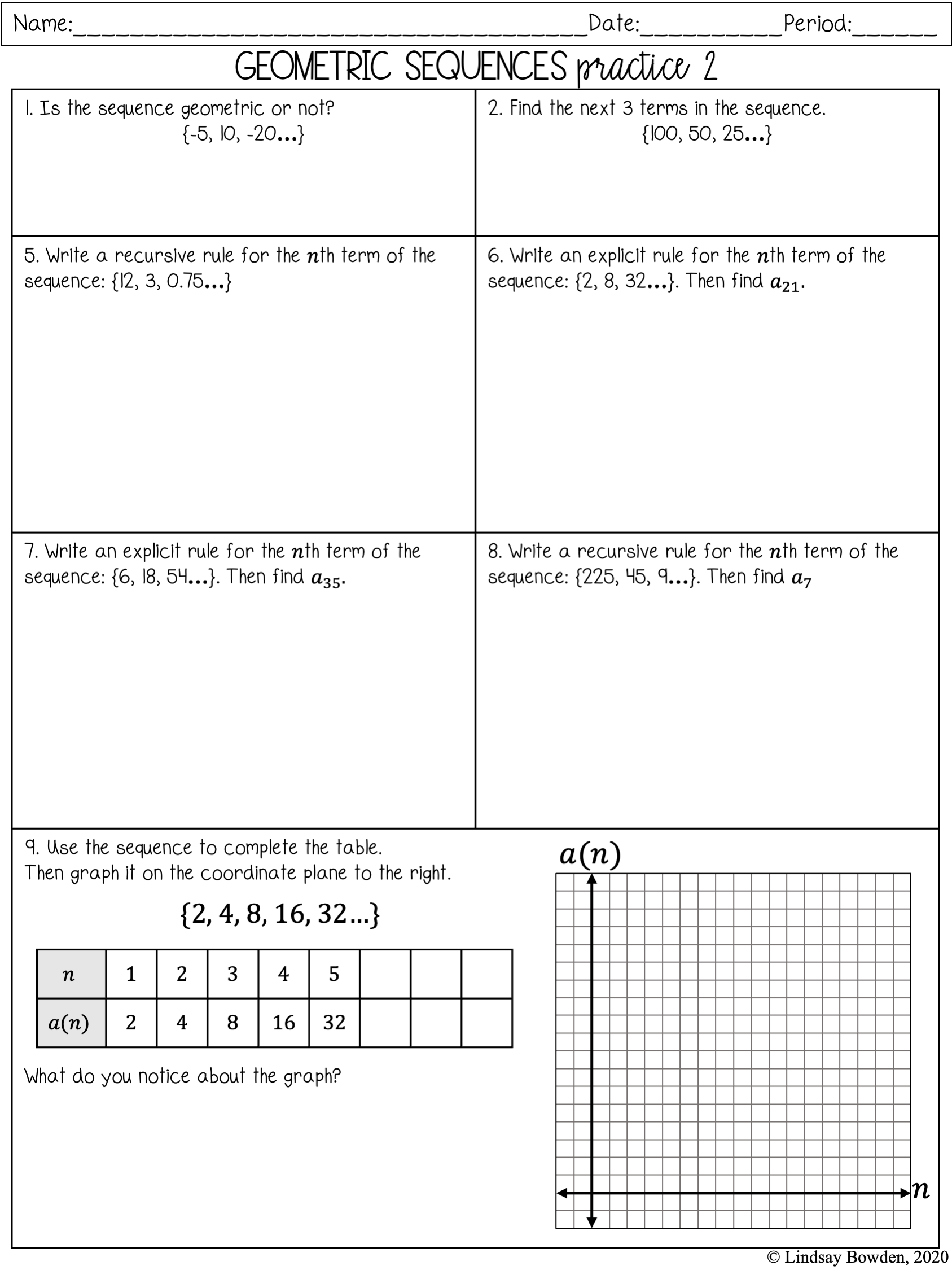 Geometric Sequences Notes and Worksheets - Lindsay Bowden In Geometric Sequence Worksheet Answers