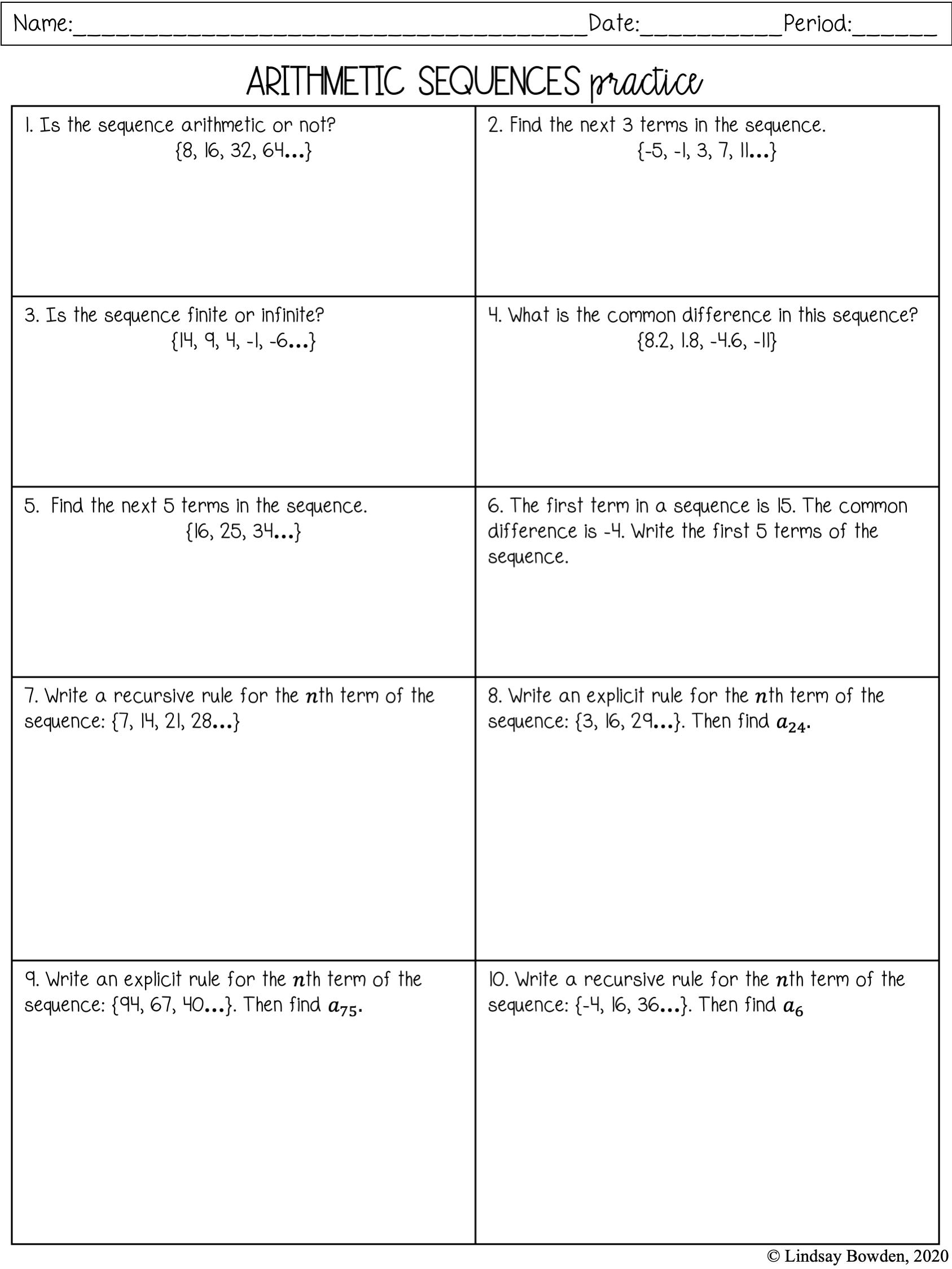 Arithmetic Sequences Notes And Worksheets Lindsay Bowden 2215