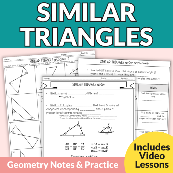 Similar Triangles Notes and Worksheets for 9th – 11th Grade Geometry