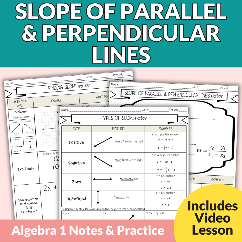 Slope of Parallel and Perpendicular Lines Notes & Worksheets for Algebra 1