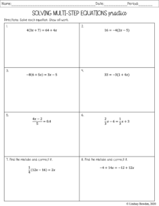 Multi-Step Equation Notes and Worksheets - Lindsay Bowden