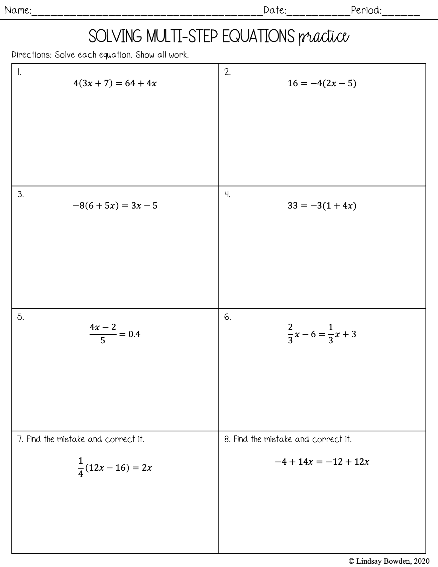 Solving One Step Equation Worksheet