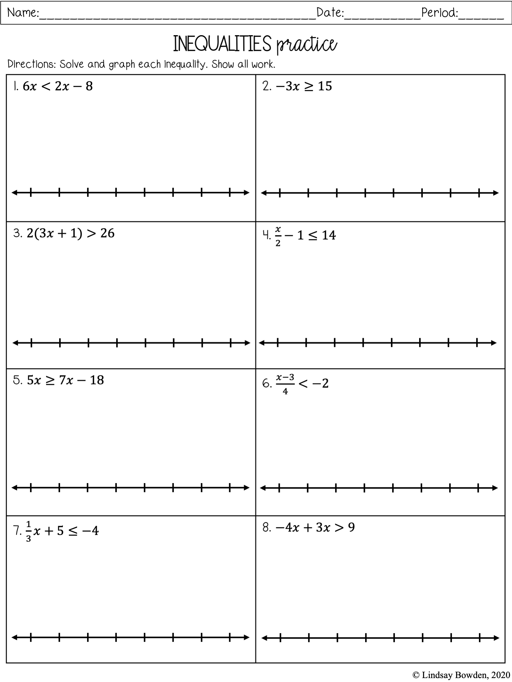 One Variable Inequalities Notes And Worksheets Lindsay Bowden