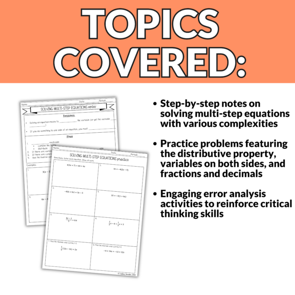 Solving Multi Step Equations Notes and Worksheets with Error Analysis Algebra 1 - Image 2