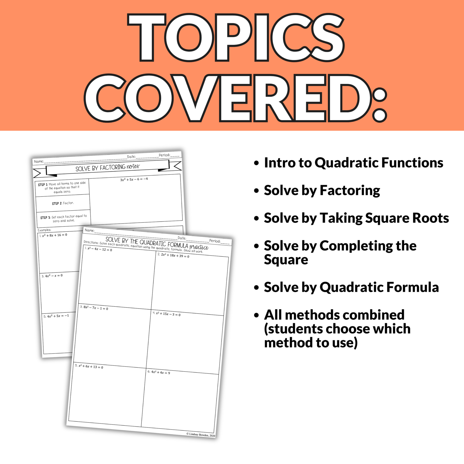 Solving Quadratics by Any Method Notes and Worksheets Algebra 1 ...