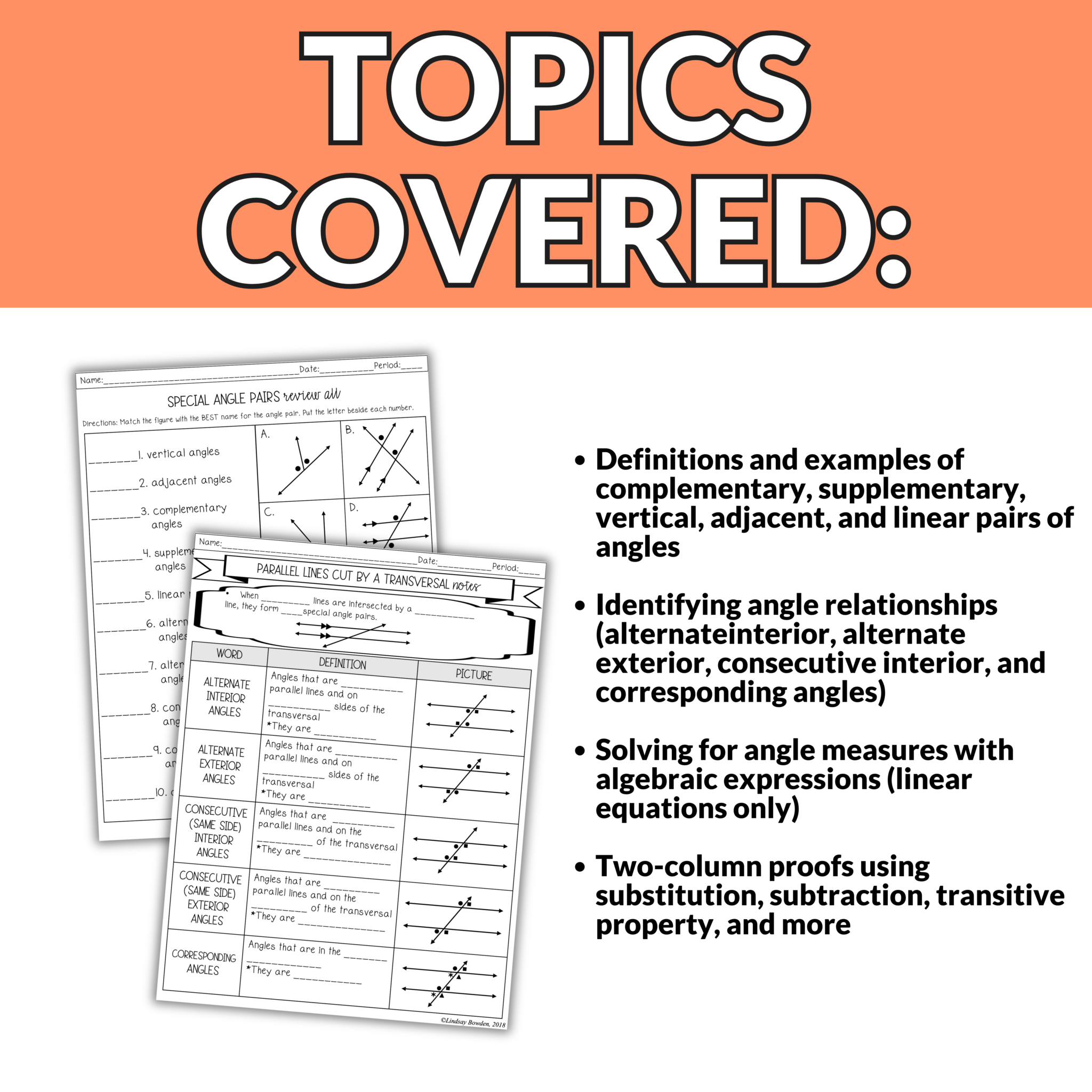 Special Angle Pairs Notes and Worksheets for 9th – 11th Grade Geometry ...