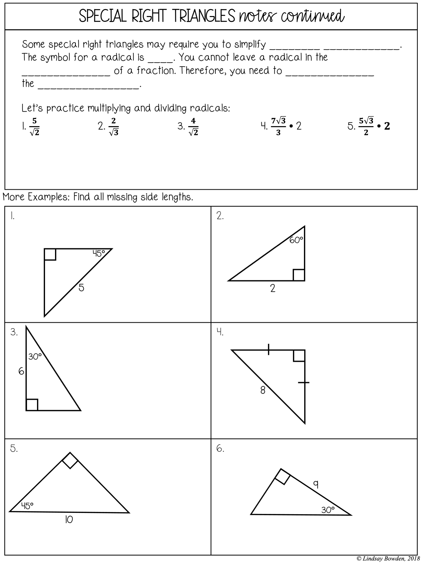 Special Right Triangles Notes and Worksheets - Lindsay Bowden Inside 5 8 Special Right Triangles Worksheet%