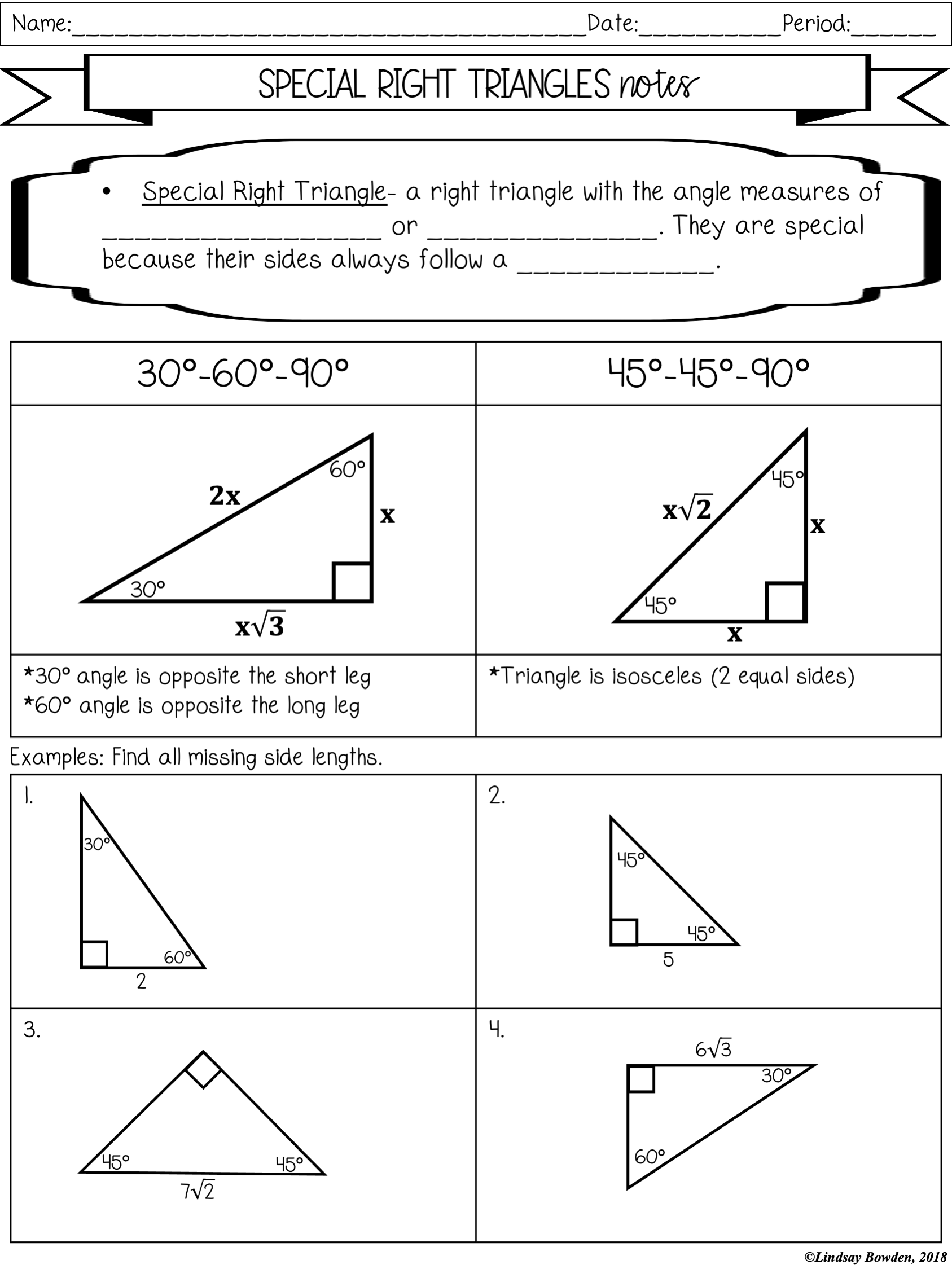 Special Right Triangles Notes and Worksheets Lindsay Bowden