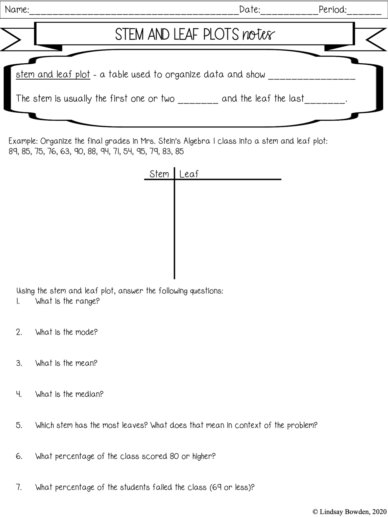 Stem and leaf plots notes and worksheets lindsay bowden