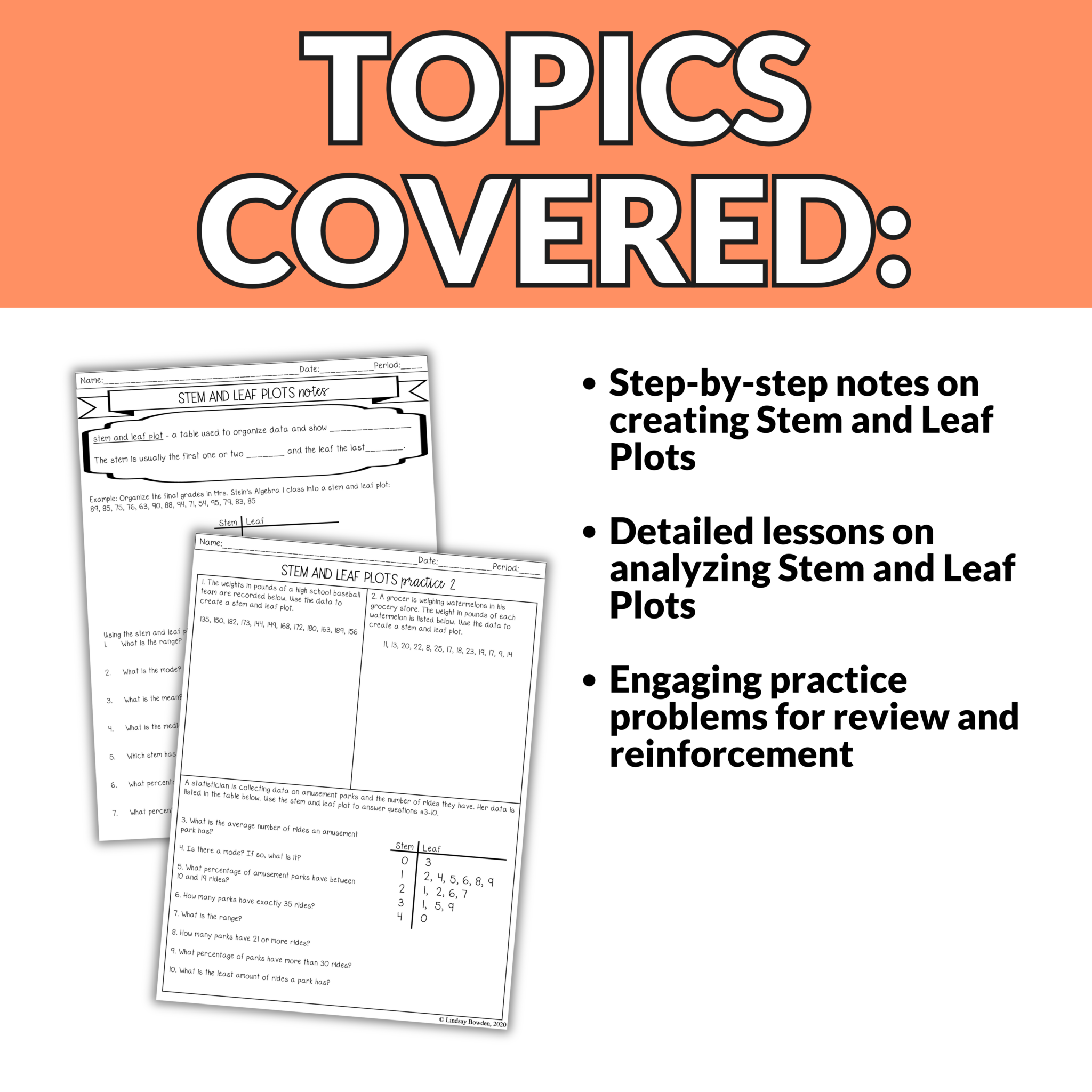Stem and Leaf Plots Guided Notes and Worksheets | 7th-10th Grade Math ...