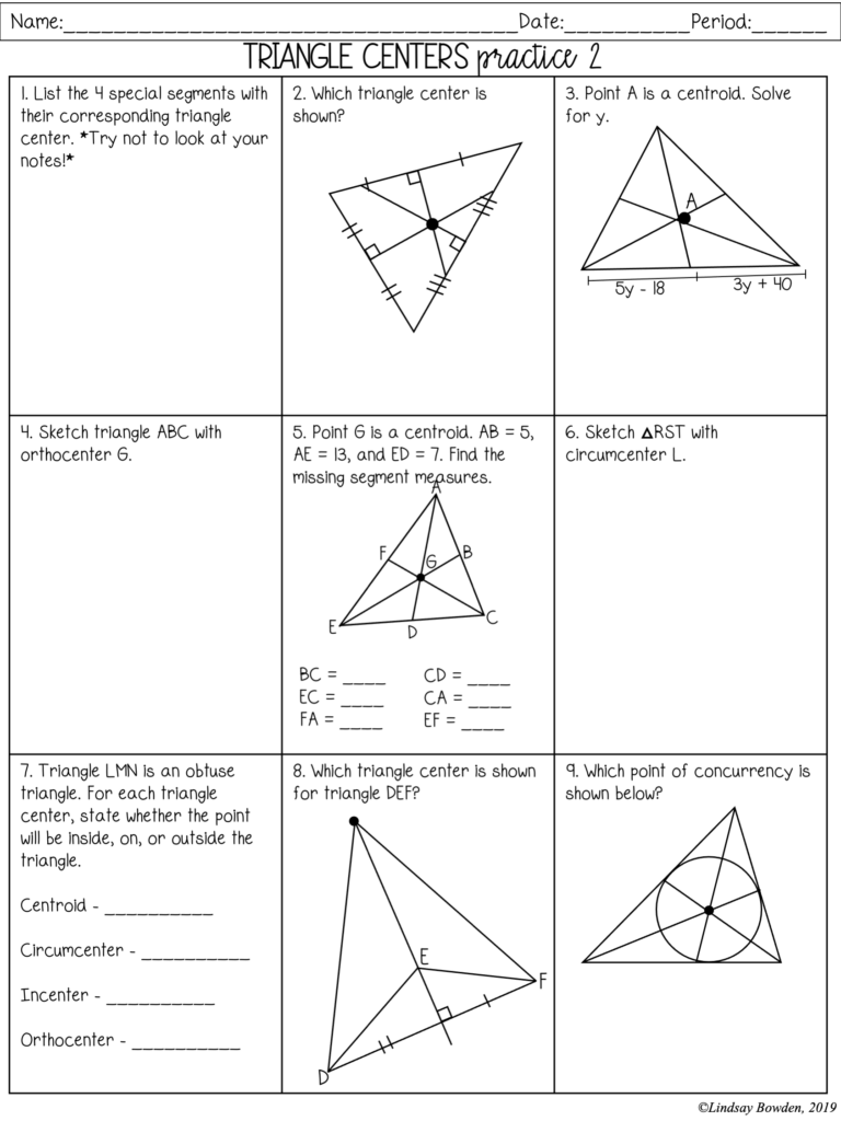 Centers Of Triangles Worksheet