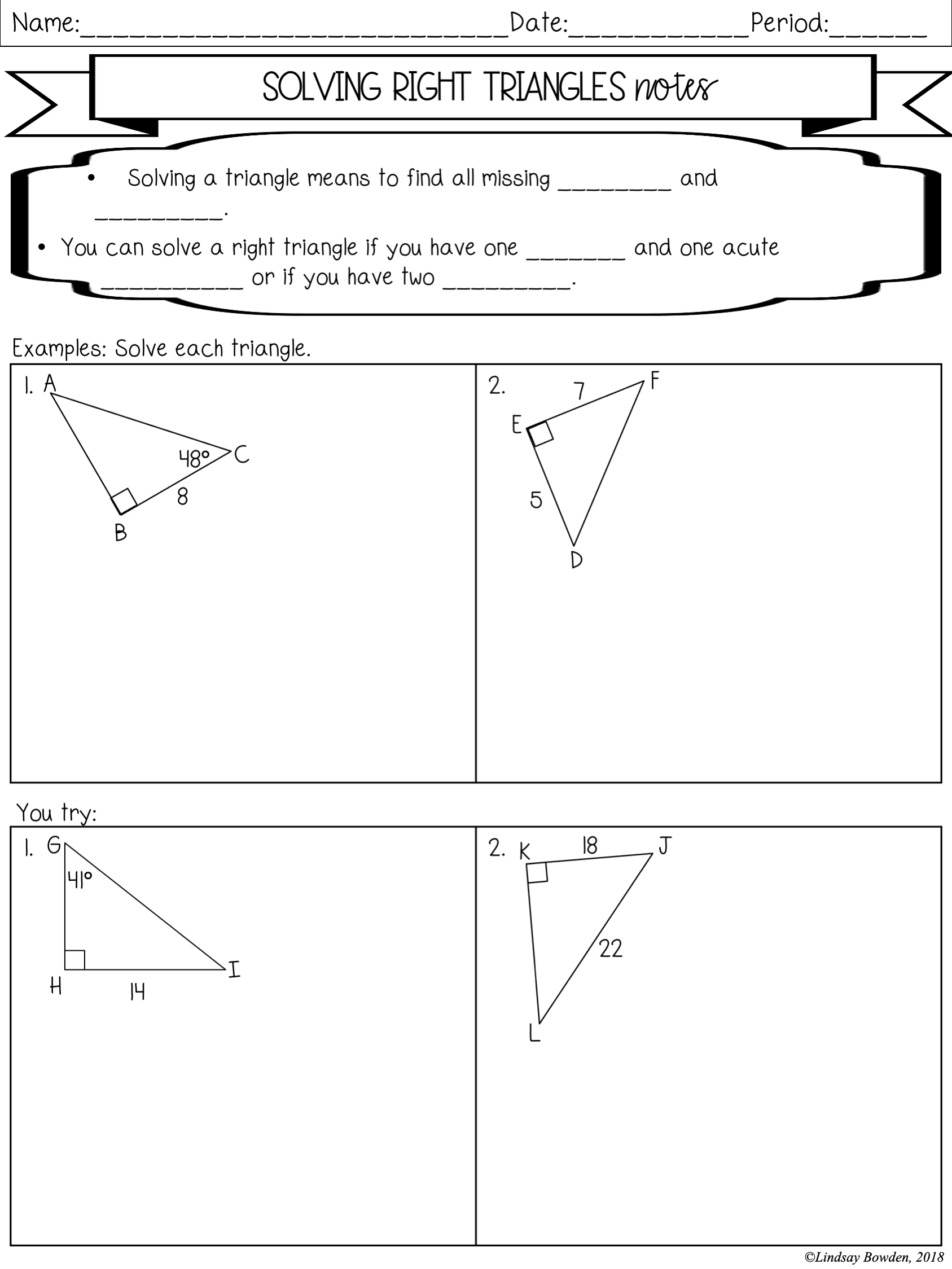 Solving right triangles. Topics in trigonometry.