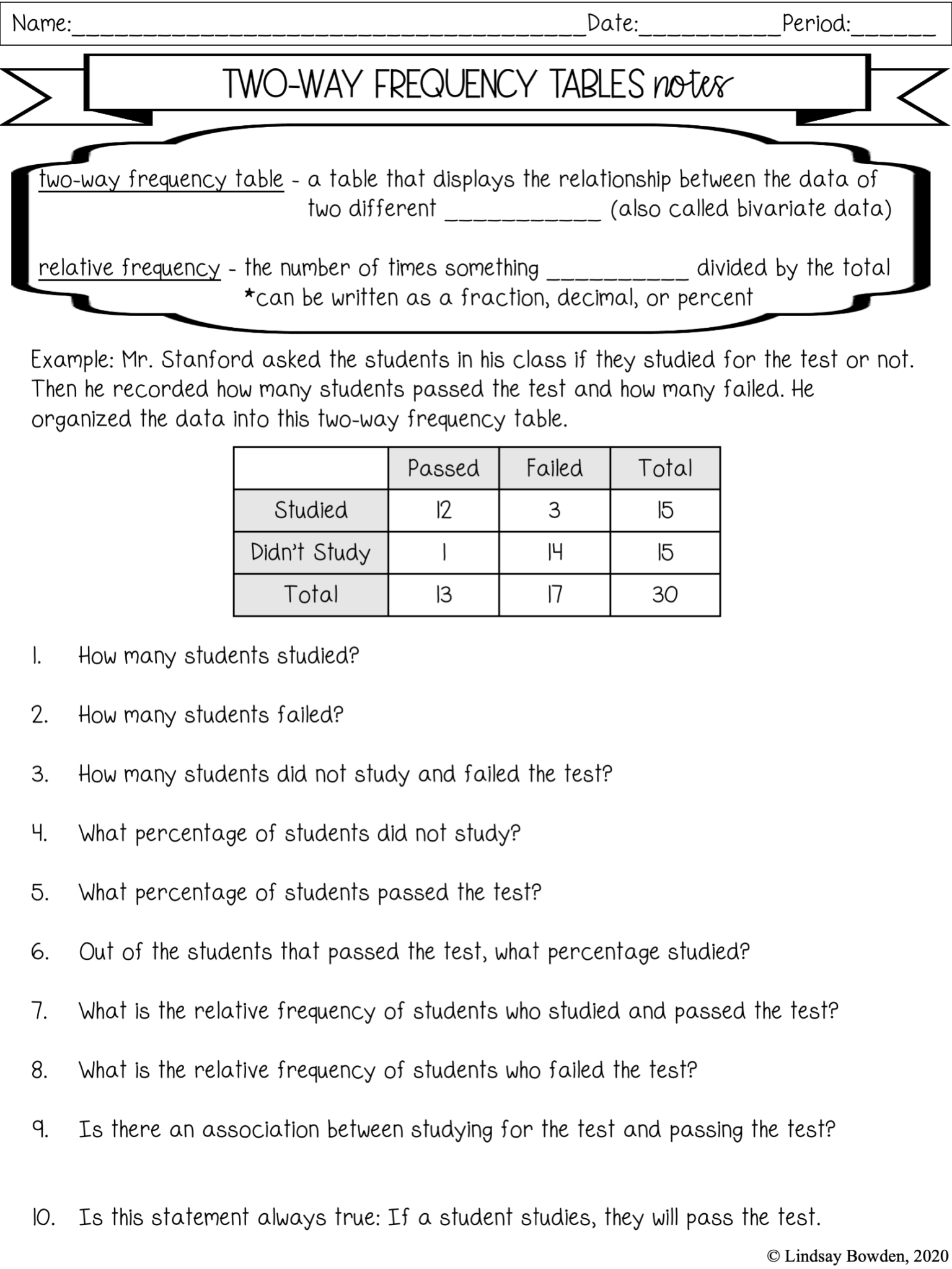 Two Way Frequency Tables Notes and Worksheets Lindsay Bowden