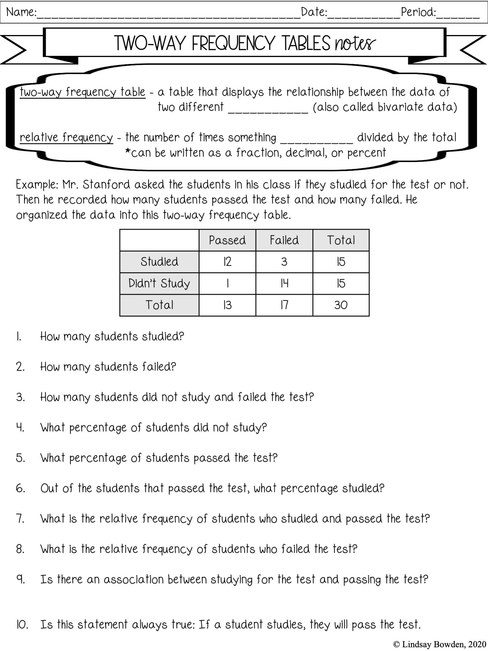 Two Way Frequency Tables Worksheet Answers Pdf Tutor Suhu