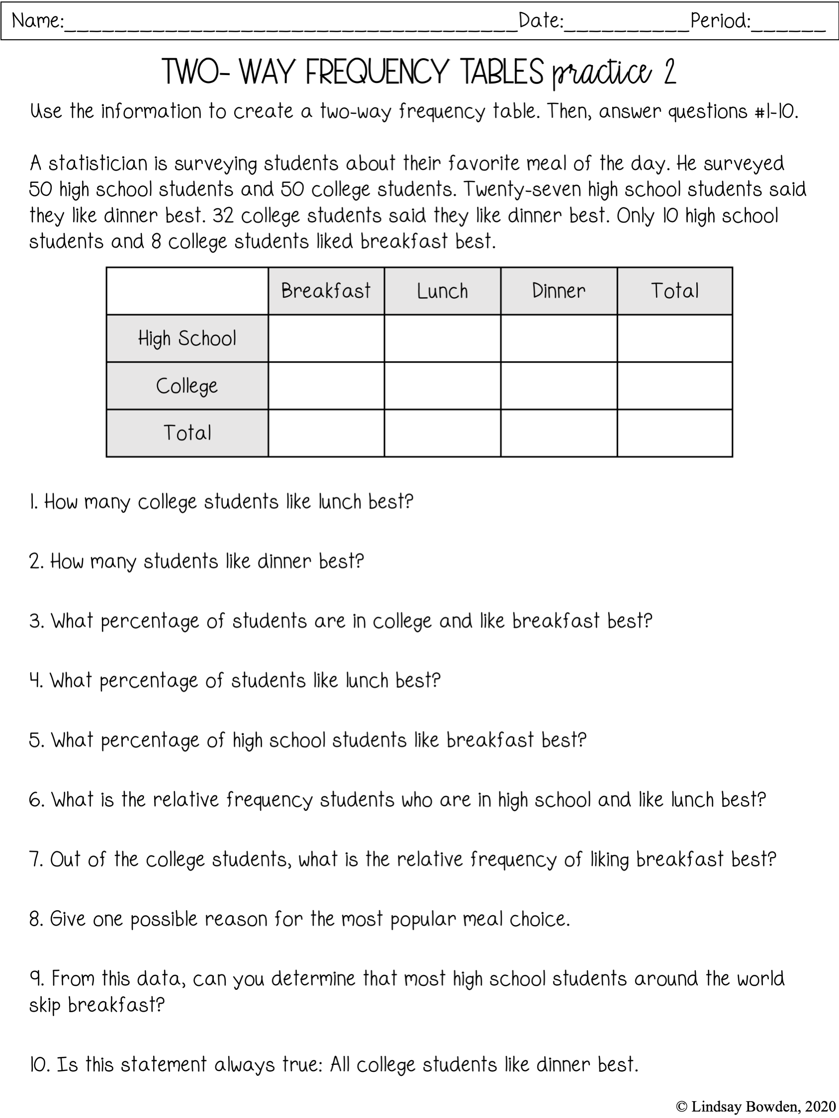 Two-Way Frequency Tables Notes and Worksheets - Lindsay Bowden