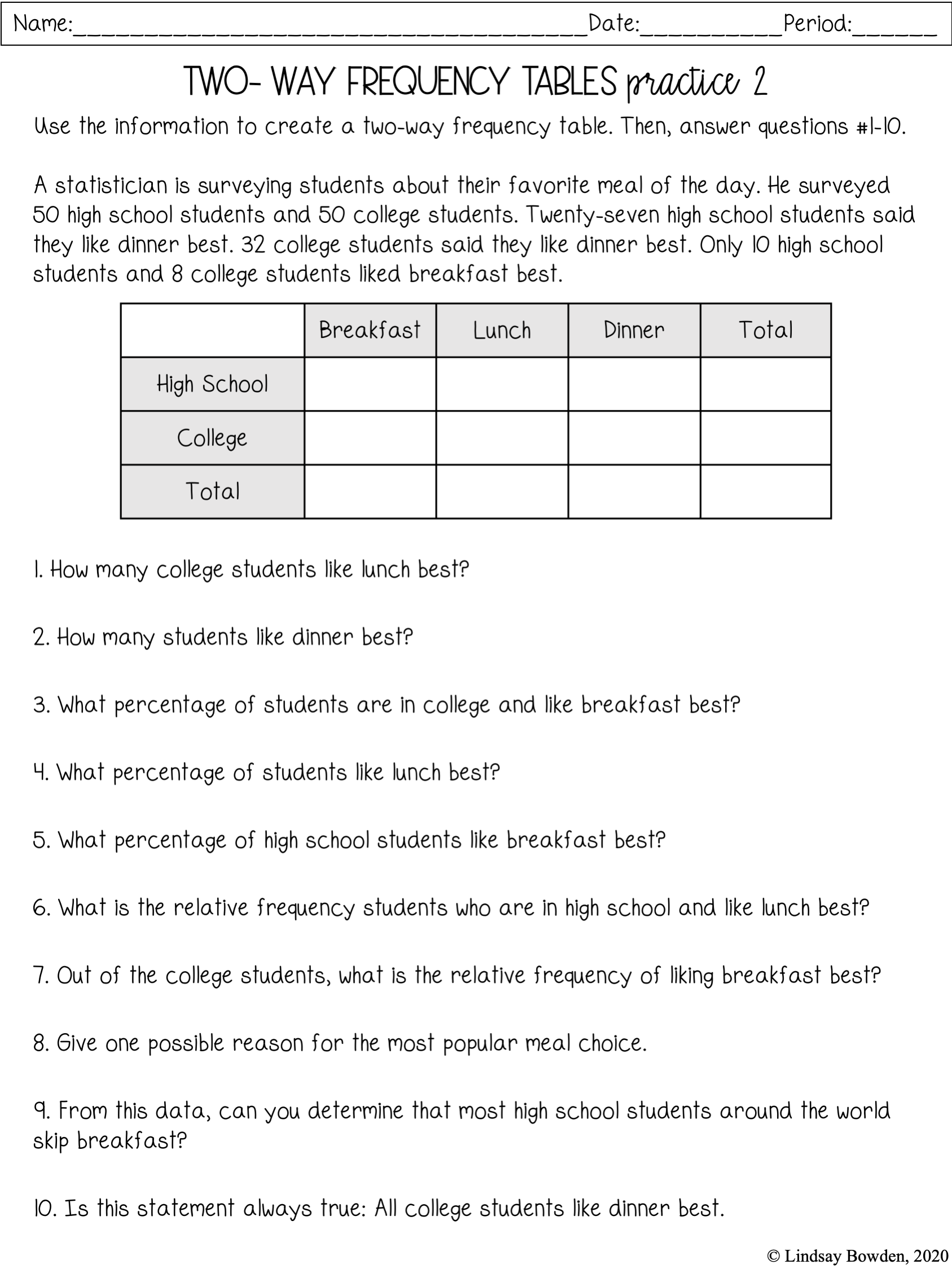 Two Way Frequency Tables Notes And Worksheets Lindsay Bowden