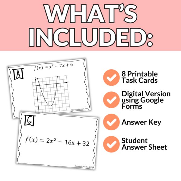 Quadratics in Standard Form Task Cards - Image 2