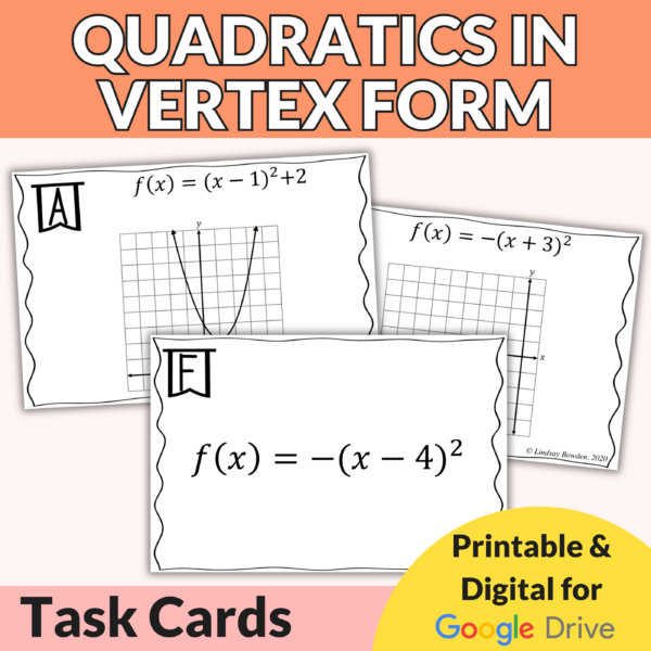 Quadratics in Vertex Form Task Cards