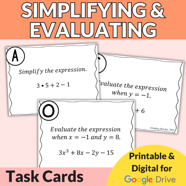 Simplifying and Evaluating Expressions Task Cards