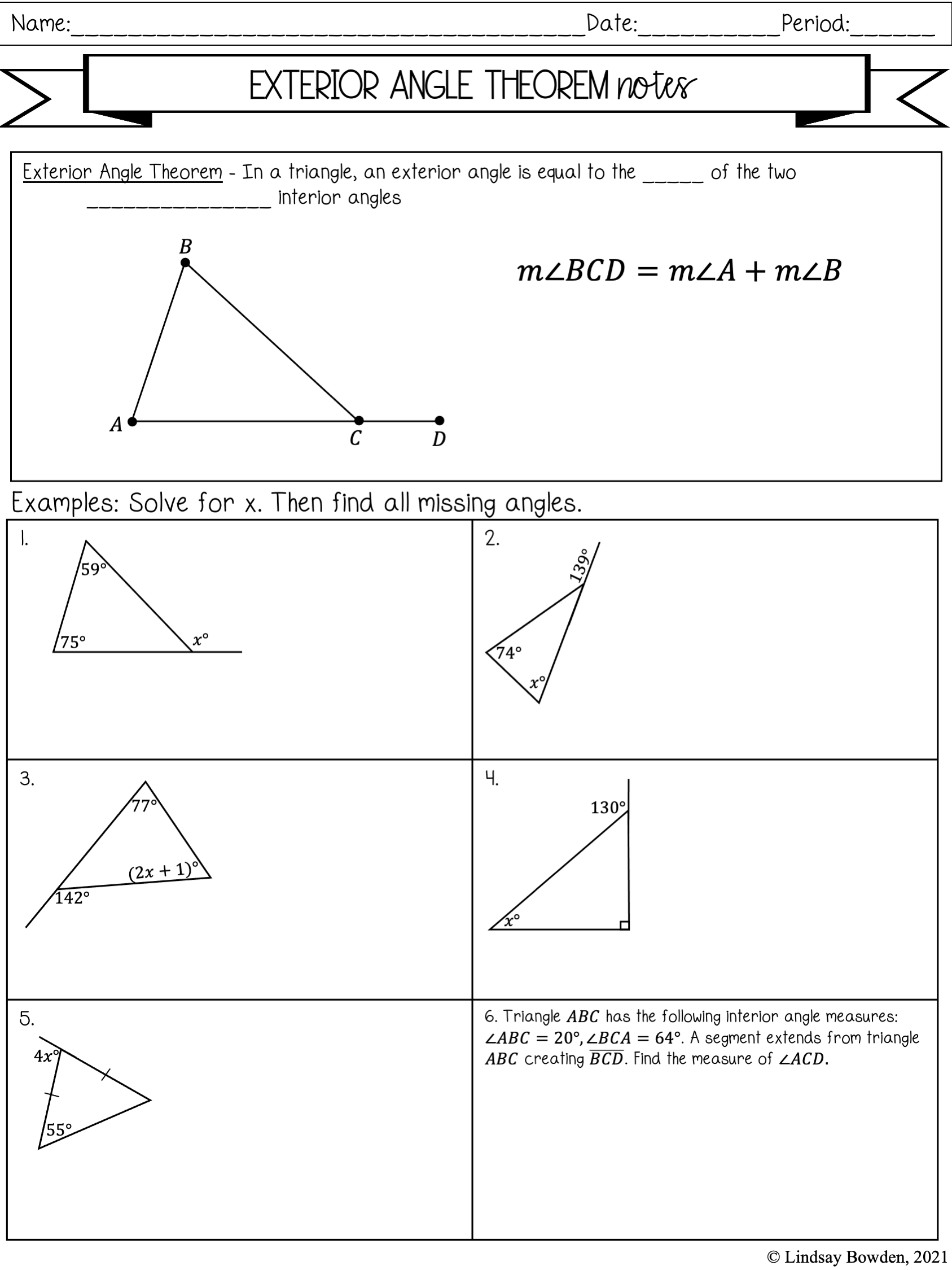 Exterior Angle Theorem Notes & Worksheets - Lindsay Bowden Regarding Exterior Angle Theorem Worksheet