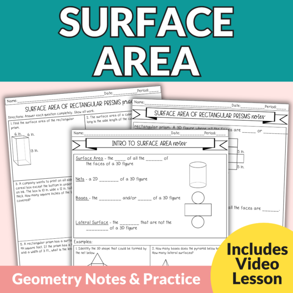 Surface Area Guided Notes and Worksheets for High School Geometry