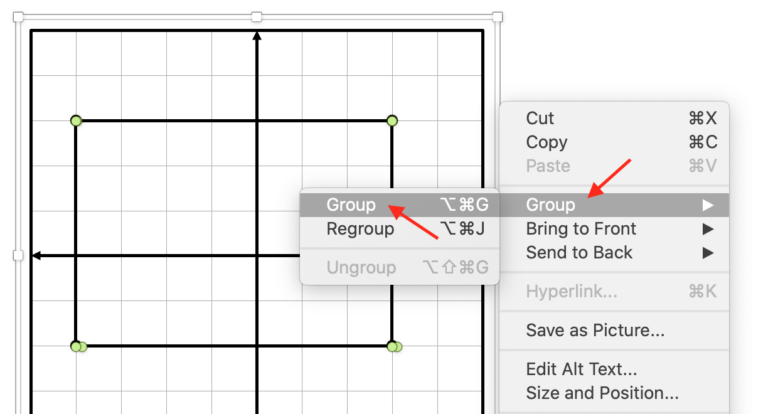 A screenshot from Microsoft PowerPoint shows lines and a graph selected, along with arrows pointing to menu options for grouping shapes together.