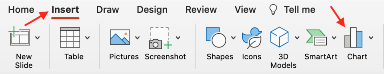 Arrows point to a menu in Microsoft PowerPoint labeled "Insert" and "Chart".