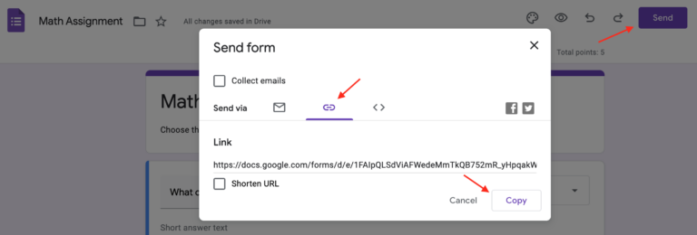 Arrows point to various options for sending a Google Form.
