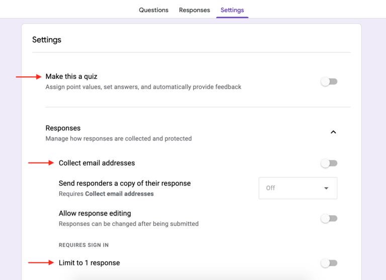 Arrows point to various options for the settings of a Google Form.
